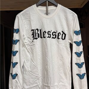 White Long Sleeve 'Blessed' Shirt with Blue Butterfly Design by Yours Truly